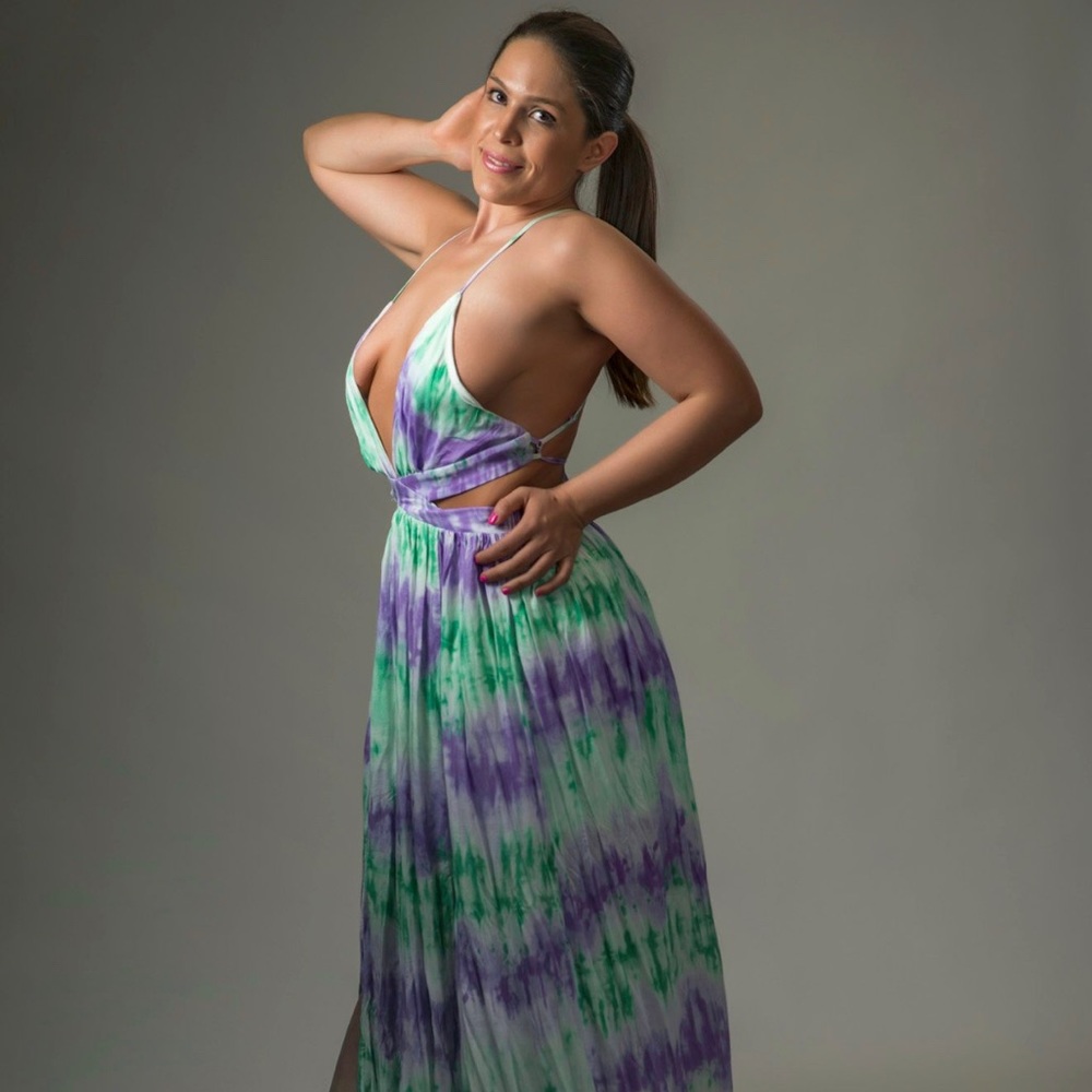 Purple, white, green tie dye maxi dress